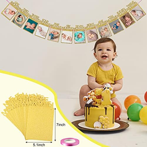 Сетот за декорација на 1 роденден вклучува банер за фотографии од новороденче до 12 месеци месечна пресвртница, гарланд, злато високо