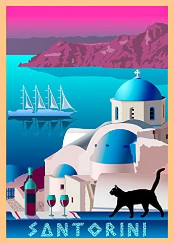Парче во времето Санторини Грција Грчката остров црна мачка ретро патување дома колекционерски wallиден декор реклама за уметнички постер
