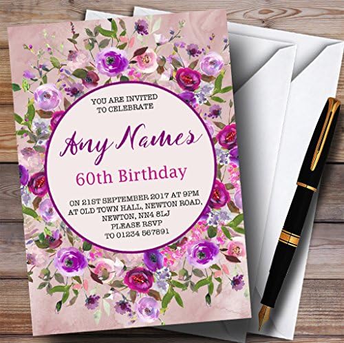 Розова &засилувач; Виолетова Акварел Цветни 60-Ти Персоналните Покани Роденден Партија