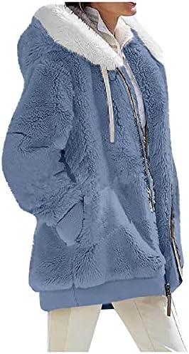 Nokmopo Зимски палта за жени модни обични лабави плишани долги ракави поштенски џебни качулки удобно топло зимско палто