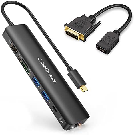 USB C Hub 4K 60Hz, CableCreation 7-во-1 USB-C Hub MultiPort адаптер пакет со HDMI до DVI продолжен кабел 0,5ft краток, каблиреација