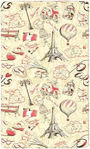 Тематски тематски лист во Париз, стандарден душек за креветчиња, вграден лист Ултра мек материјал-Грејт за момче или девојче или расадник, 28 „x52“, жолто црвено црно