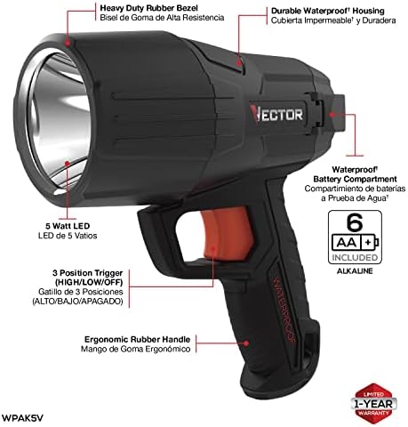 Векторски LED Flashlight Spotlight, WPAK5V, водоотпорен, 800 лумени, светло од долги растојанија, вклучени 6 батерии АА