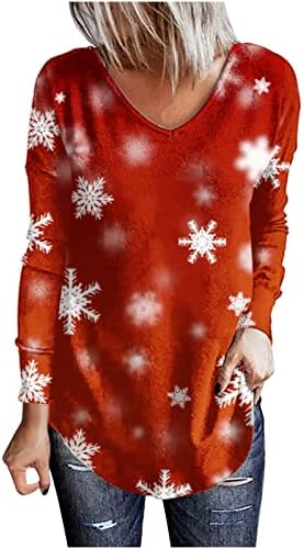 GATXVG плус големина Божиќна снегулка печатена маица за жени V-врат со долг ракав врвот лабава удобна маичка врвови
