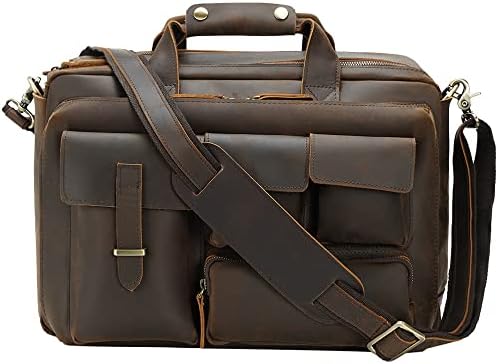 Сметајќи оригинална кожна чанта за мажи 17,3 инчи лаптоп кутија со повеќе џебови за деловно патување за месини за рамо за рамо