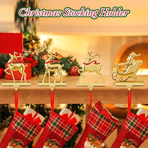 Носител на божиќни порибници, сет од 4 држачи за порибување на злато за мантија, метална ирвас Санта чорапи закачалка, штанд за декорација