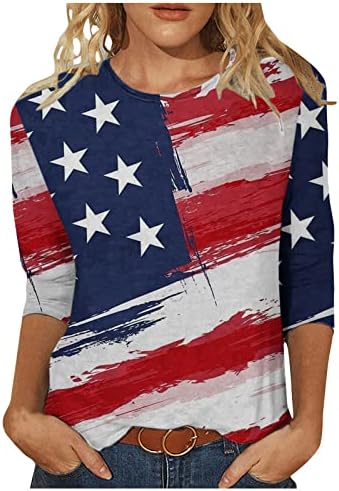 Womenените Американски кошули со знаме на 4-ти јули Патриотска кошула САД starsвезди ленти 3/4 ракав маица лето обични врвови на
