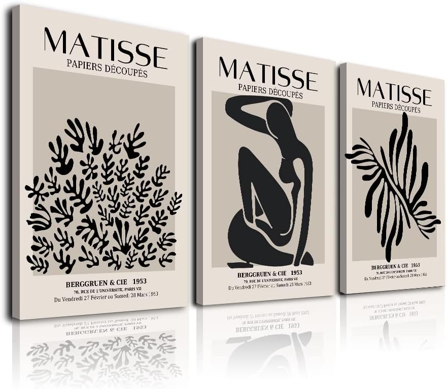 Matisse Wall Art Set од 3, Апстрактни постери за изложба на уметности на Matsидот Матис, црна беж врамена платно, анри Матис, отпечатоци
