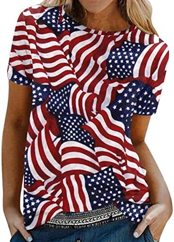 4 јули Маици За Жени Лето Краток Ракав О Вратот Маица Американски Знаме Ѕвезди Шарени Кошула Туника Блузи