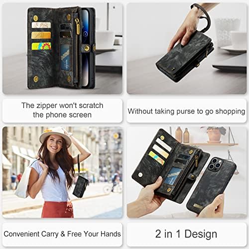 CaseMe за Iphone 14 Pro Max Паричник Случај, Магнетни Флип Патент Џеб Kickstand Покритие Премија Издржлив Стп Кожа Фолио Случај Со Носителот На Картичка Лента Ремен Рачката за iPhone