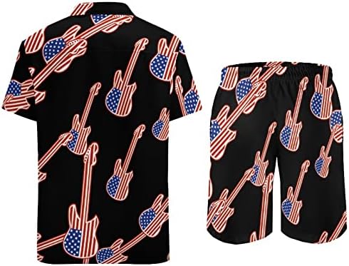 Американски рокенрол гитари машка 2 парчиња облека на плажа на хавајски кошула со кратки ракави и костуми за шорцеви