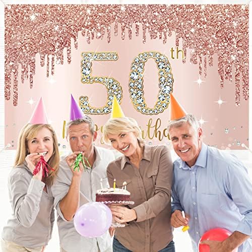 Среќен 50-Ти Роденден Банер Позадина Украси За Жени, Розово Злато 50 Роденден Знак Материјали, Розова Педесет Роденден Постер