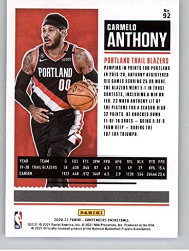 2020-21 Сезонски билет за кандидати за Панини 92 Кармело Ентони Портланд Трага Блејзерс НБА кошаркарска трговска картичка за трговија