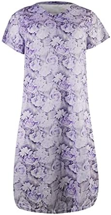 Моден женски V-врат печатен фустан обичен лабав пулвер со краток ракав фустан