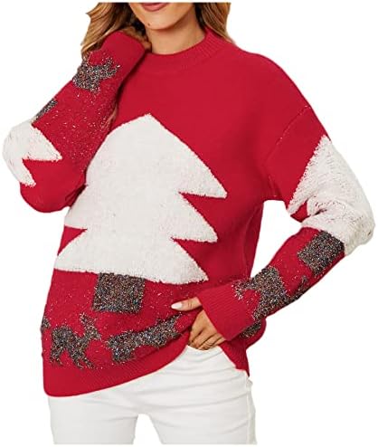 Женски џемпер за елки, пулвер женски Божиќ, елени печатени џемпери, џемпери со џемпер врвови со долг ракав О-врат палто