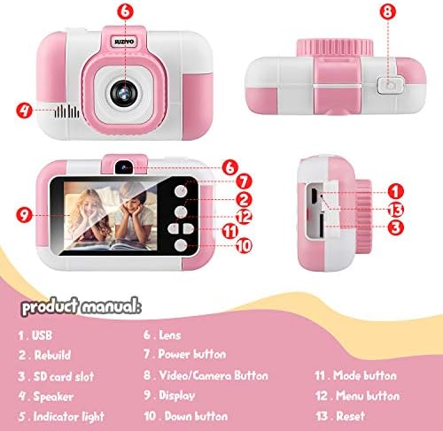 Сузијо Детска Камера, Детска Дигитална Селфи Видео Камера 1080П Двојна Леќа 2,4 Инчи HD, Роденденски Божиќни Електронски Подароци Играчки