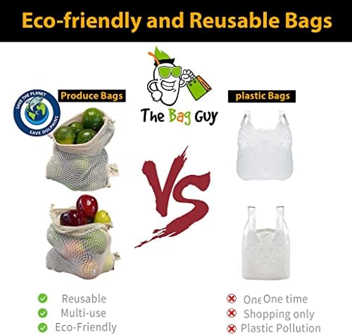 TheBagguy - органски торби за памучни мрежи | Заедливи растителни производи за производство на зеленчук | Повеќенаменска биоразградлива торба