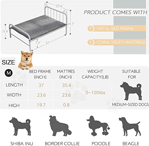Рамка за кревет со средно кучиња OSCHF - покачен метален кревет со миленичиња со кучиња уво дизајн на глава и мека душек за кучиња