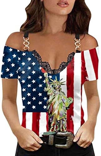Врвови за женски американски знаме Starвезда шарени туники врвови чипка ладно рамо маици за независност на графички кошули