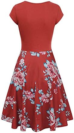 Women'sенски 2023 Цветен летен фустан за летен фустан V вратот плус големина замав фустан цветен принт високо половината замав А-линија фустани