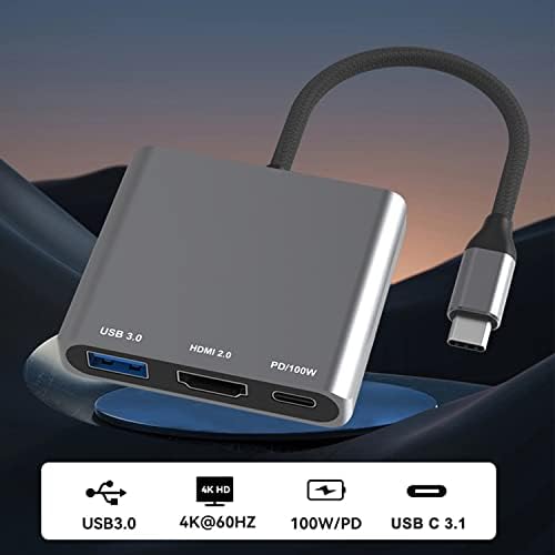 USB C до HDMI MultiPort адаптер, 4K 60Hz HDMI + USB3.0 + PD 3 во 1 Type C Hub компатибилен со MacBook Pro, Chomebook, HP Specter,