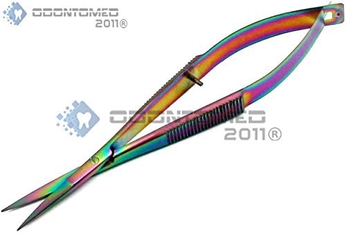 ОДОНТОМЕД2011 Пак од 2 парчиња мулти виножито боја микро пролет вез остри сноп ножици 4,5 директно и криви, не'рѓосувачки челик