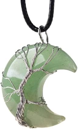 Марка накит Природно зелено зелено авентурински скапоцен камен дрво на животот кристален приврзок со форма на месечина за мажи и жени шарм