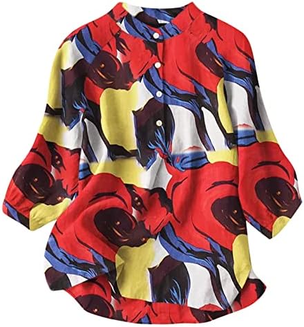 Лето плус големина на врвови за жени обична лабава блуза Хенли стојат јака селанска блуза Пајсли памучни лени маици