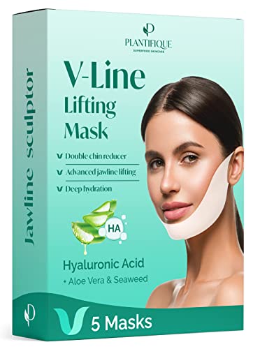 V-Линија Маска За Лице Со Хијалуронска киселина Од Plantifique - 5 ПАРЧИЊА V Облик Маска За Лице За Зацврстување И Затегнување На Кожата