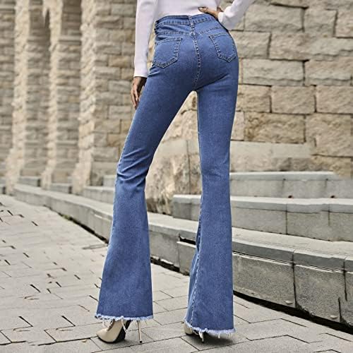 Fинските фармерки со висок пораст на подигање искинаа фармерки за пламен за жени потресени класични широки панталони за нозе Слимни