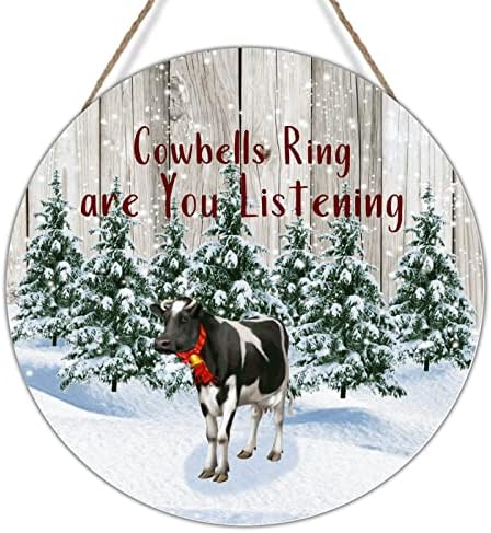 Божиќна влезна врата венец Зимска снежна дрва фарма Божиќна крава wallидна уметност знак за кравјо прстени дали слушате дрво