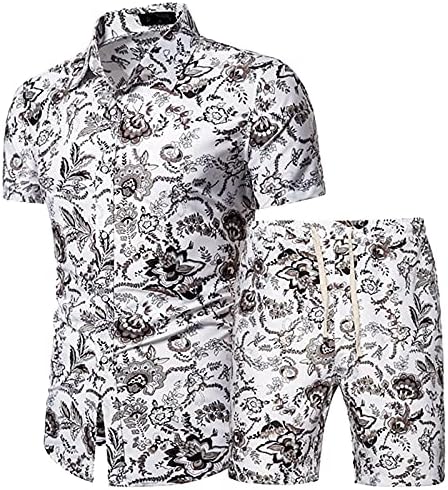 Weuie Mens Suits облека торби со облека за мажи со 2 парчиња кошули печатени летни кратки и плажа шорцеви поставуваат панталони