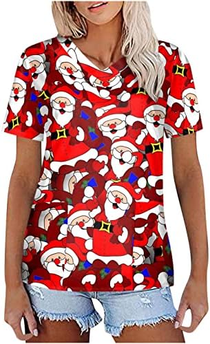 Божиќни Кошули За Жени Пуловер Со Кратки Ракави Врвови Униформа Божиќни Печатени Џебови Блуза Туника