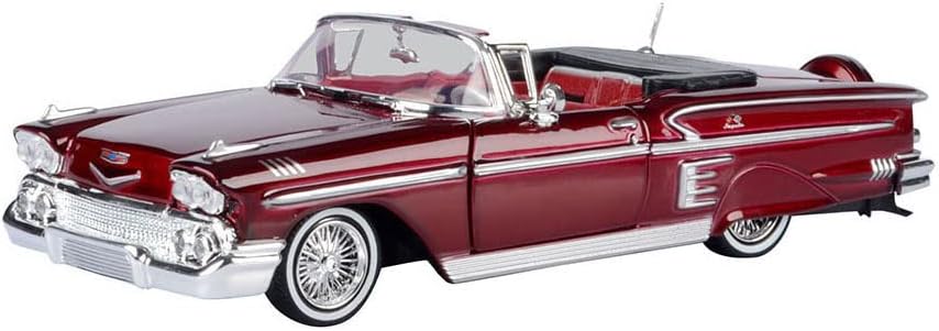 1958 Chevy Impala Convertible Lowrider Темно црвена металик со црвен ентериер Добијте ниска серија 1/24 Diecast Model Car By Motormax 79025