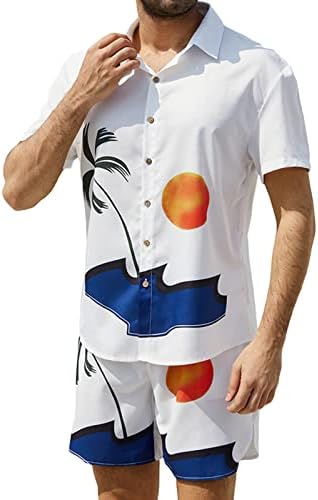 Хавајска кошула и кратки комплети од 2 парчиња за мажи, мажите печатени облеки на плажа Обични копче надолу кошули Аад шорцеви поставени