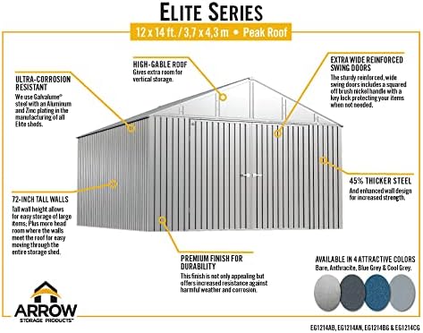 Arrow Shay Elite 12 'x 14' Надворешно заклучување на вграден покрив за складирање на челик, антрацит, антрацит