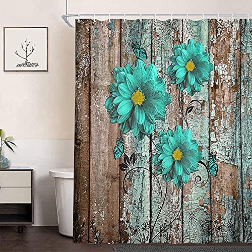 Рустикална цветна завеса за туширање, модерна фарма куќа туш завеса поставена ткаенина тиркизна сина цвет на сиви дрвени завеси, гроздобер земја