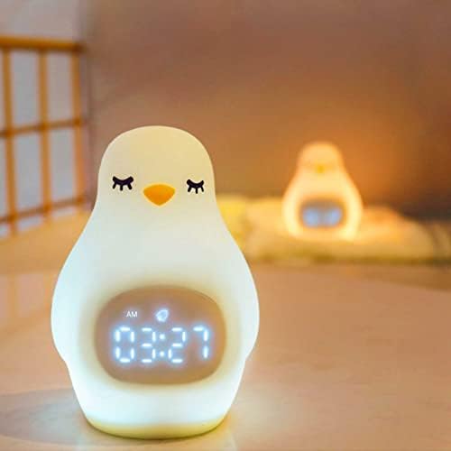 Hsart симпатична пингвин ноќна светлина за деца со дигитален часовник Симпатична расадник боја што се менува на деца ноќно светло со звук