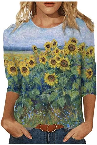 Женски модни маички за сликање графички кошули за печатење на екипаж 3/4 ракави врвови 2023 пролетни летни блузи