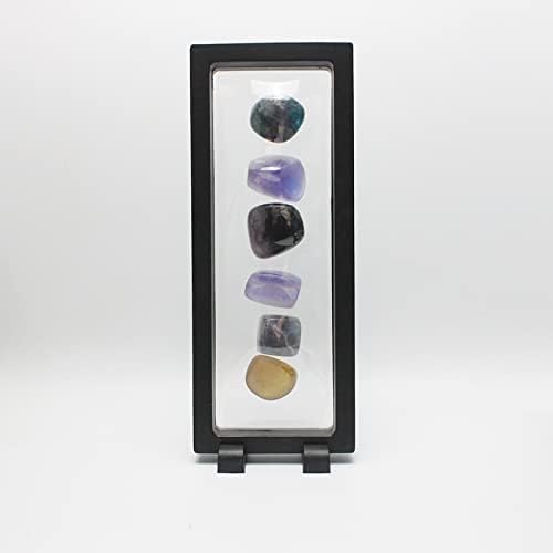 JDOQOKJ Мешано лекување на природна боја на флуорит кристал тркалачки камен и 3Д лебдат држач за кристали, околу 6 парчиња