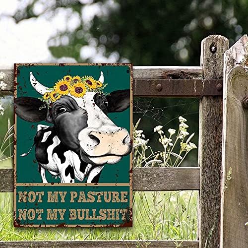 Смешна крава метална калај знак сончогледово говеда од говеда, не мое пасиште, а не мојот декор на срање, знак за калај за фарма