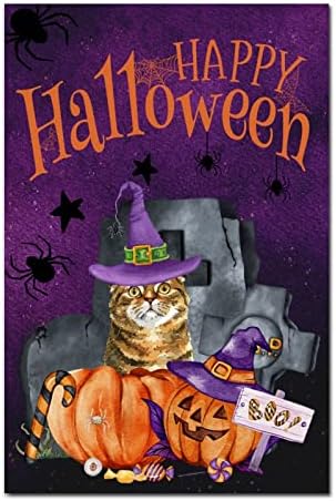 Ноќта на вештерките мачка со вештерка капа од дрво знак Новина од табела со таблички, боо тиква надгробна плоча, дрвени знаци гроздобер фарма