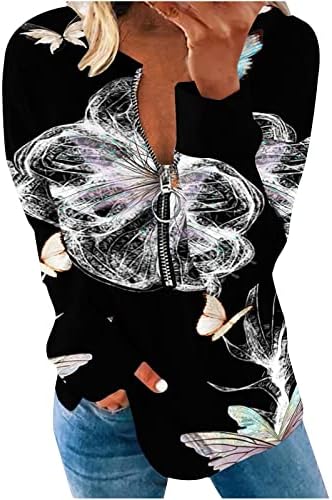 Женска пеперутка печати џемпер v вратот патент со долги ракави врвови на врвови лабави вклопувани обични кошули за дами