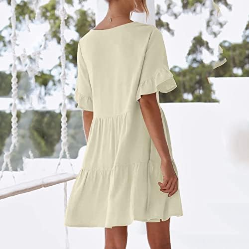 Фустани за жени 2023 година, обичен краток ракав надолу фустан летен џеб од еластична половината на еластична половината А-линија за замав мини фустани