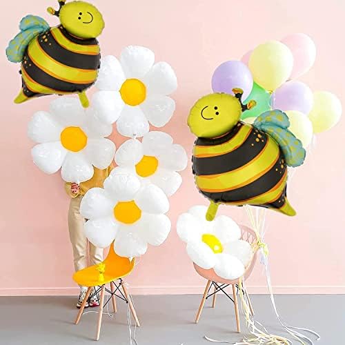 Балони од пчелна фолија од маргаритка, Балони Од Алуминиумска Миларна Бумбара Огромни Балони Со Бели Цветови Балони За Среќен Ден На Пчелите За Роденден Свадба Туш