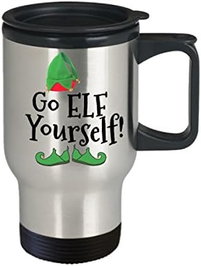 Кригла за патување со елф - Оди Елф! - 14 мл Не'рѓосувачки челик изолирана шолја за кафе со капак - Крига за Божиќни патувања - смешна чаша