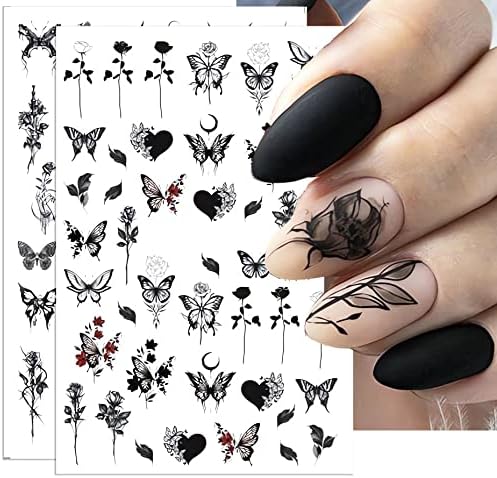 9Sheets Пеперутка нокти налепници на уметност Пролет Пеперутка Роуз Дизајни 3Д само-лепете налепница за нокти црна и сребрена