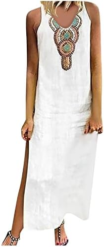 Кафтан фустани женски печатени ракави без ракави V-вратот Макси фустан Сплит Баги смена Обичен долг фустан