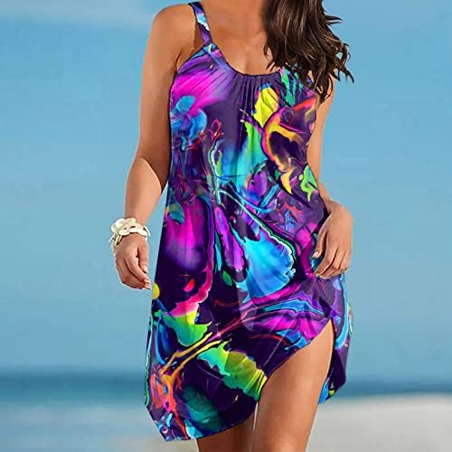 Womenените летни фустани 2023 лента за плажа Покријте ги фустаните Симпатична цветна цветна принт Бохо макси сонце фустан