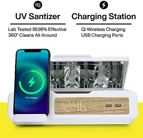 Непрекината УВ станица: УВ телефонски санитатор со QI Wireless и две места за полнење USB. Лабораторија тестирана да убие 99,99% од бактериите.